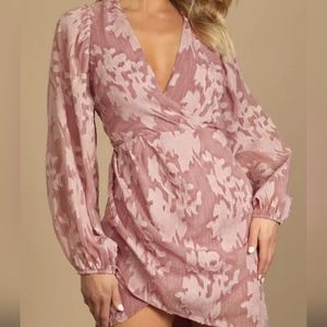 Lulus Meant to Shine Mauve Floral Jacquard Long Sleeve Mini Dress Medium-NBW